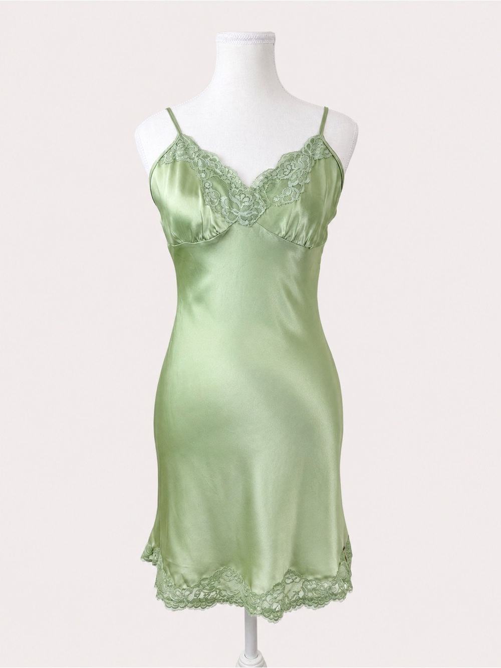Vintage Donna Green Satin Lace Slip Chemise Small